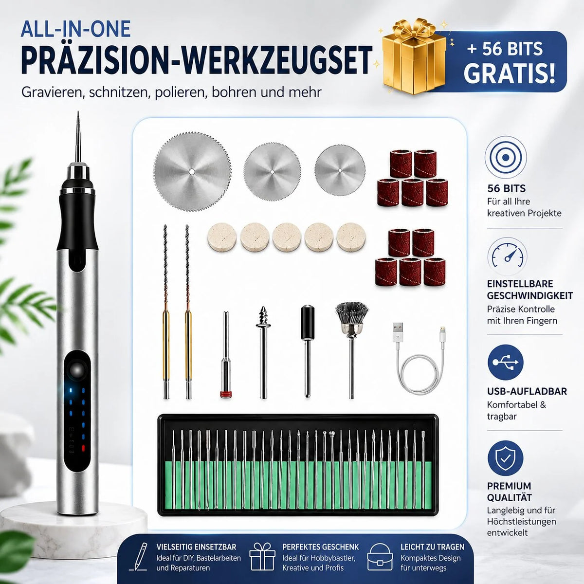 Akku Gravierstift mit 56-teiligem Zubehör | Gravellon