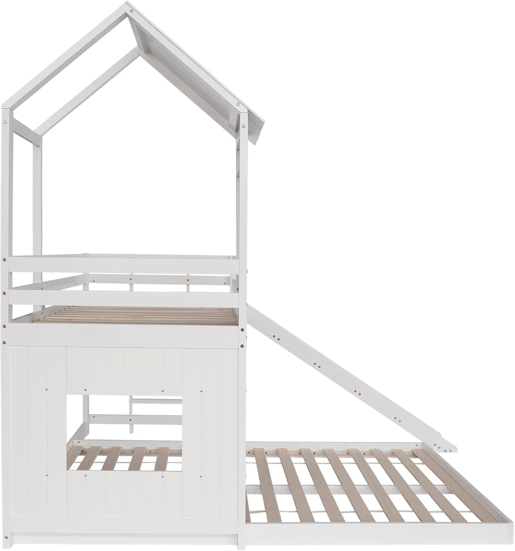 Kinderbett Etagenbett 90x200 cm & 140x200 cm mit Rutsche und Leiter, Hochbett Holzbett mit Rausfallschutz, Bett Bettgestell mit Lattenrost, Hausbett für 2-3 Kinder, Weiß, Ohne Matratze