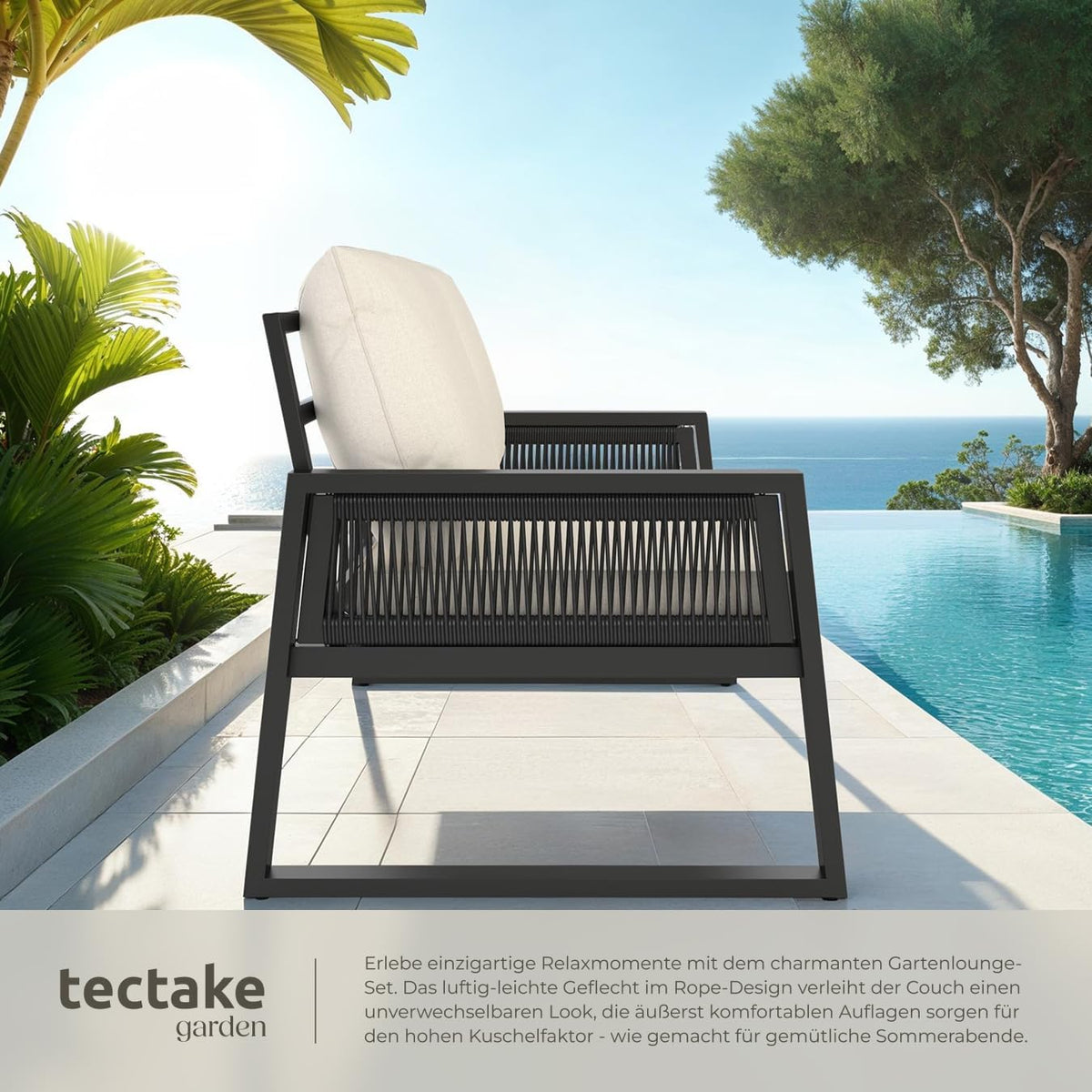 tectake® Rope Design Lounge Möbel Set für Garten oder Balkon, Aluminium Outdoor Sitzgruppe Terrassenmöbel mit Sofa und Tisch in Holz Optik, inkl. Gartenmöbel-Kissen, wetterfest