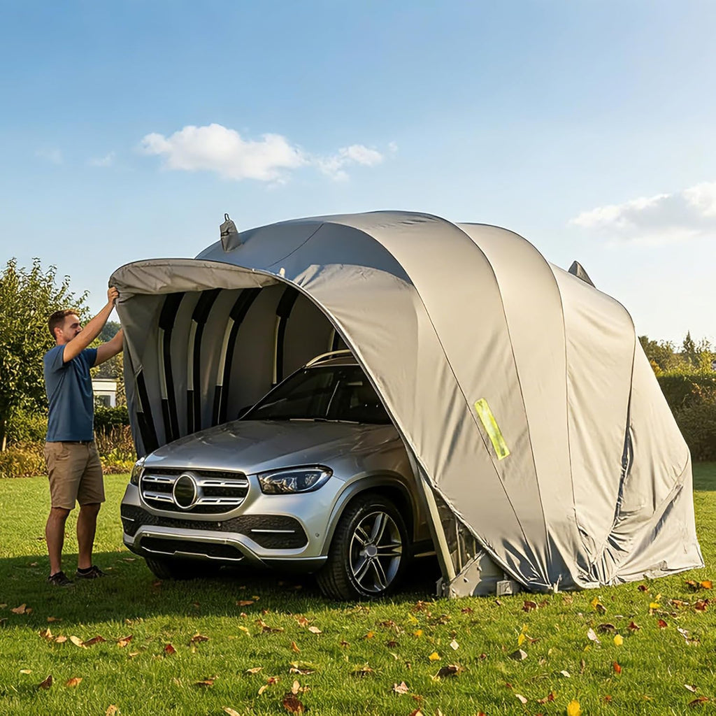 Allwetterfester Auto-Markise, Halbautomatische Faltgarage mit Zahlenschloss, Faltbarer Carport für den Außenbereich, 600D Oxford-Gewebe, Grau, L:5.5/5.9M