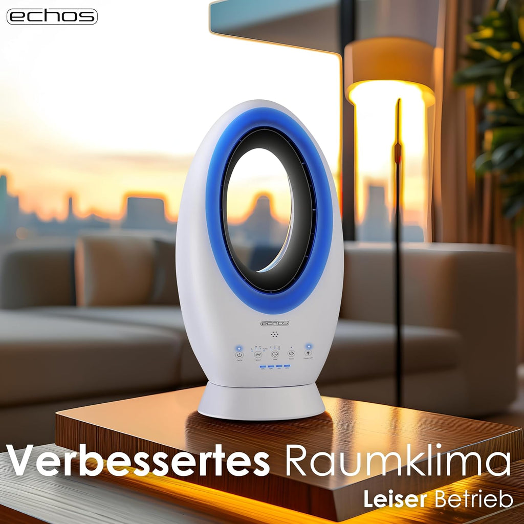 Echos®- 2-in-1 Design Akku Turmventilator Standventilator mit Fernbedienung kabellos - Akku- oder Strombetrieb - Leiser Ventilator Tischventilator oszillierend - Fernbedienung LED Beleuchtung