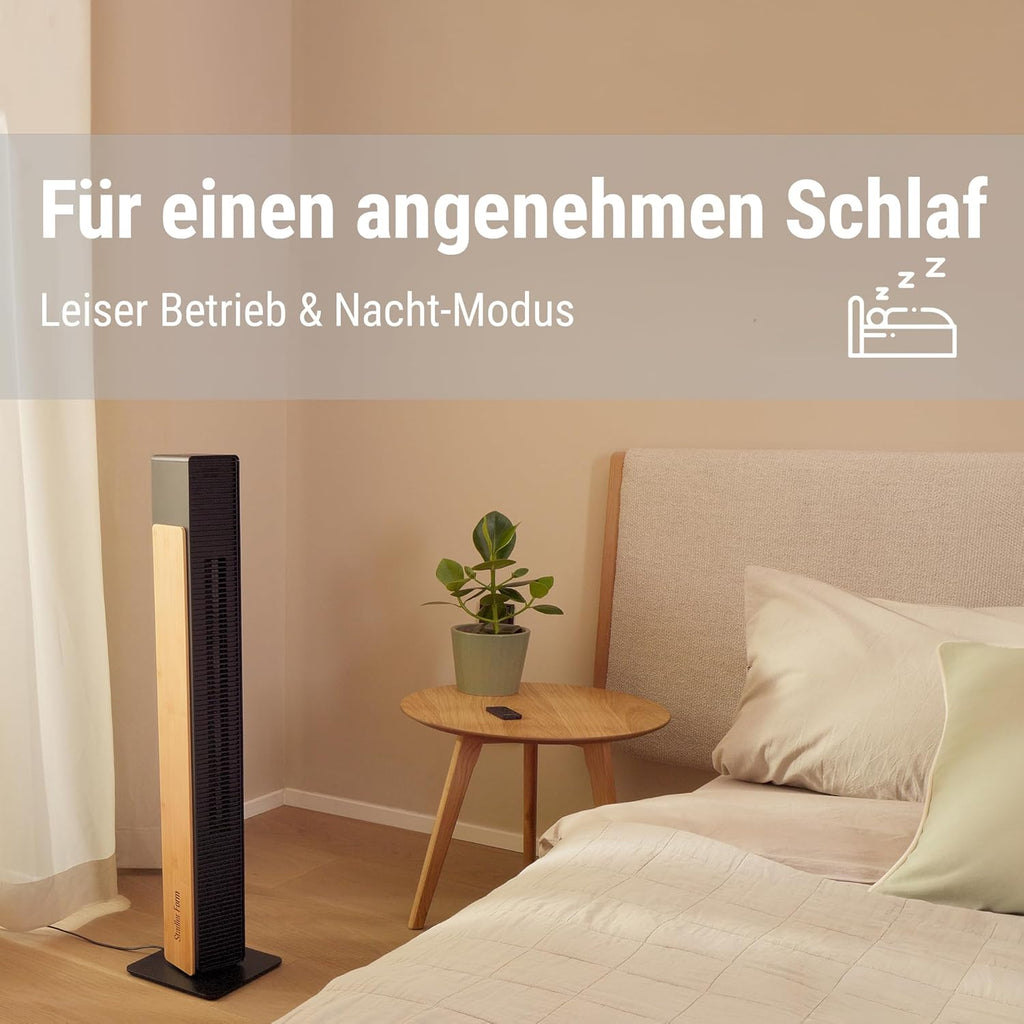 Stadler Form leiser Ventilator Nick, Turmventilator mit Schwenkfunktion, 10 Geschwindigkeitsstufen, Timer, mit Fernbedienung, für Schlafzimmer, Büro, Wohnzimmer, mit natürlichem Bambus, weiß