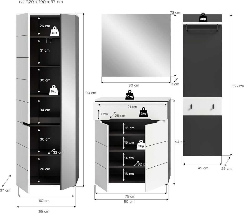 xonox.home - Garderobenkombination Canu 4tlg. 220x190x37 cm in Korpus Basalt grau Nb., Front weiß Nb. - Garderobenschrank Garderobenmöbel Flurmöbel-Set Flursystem Stauraumlösung
