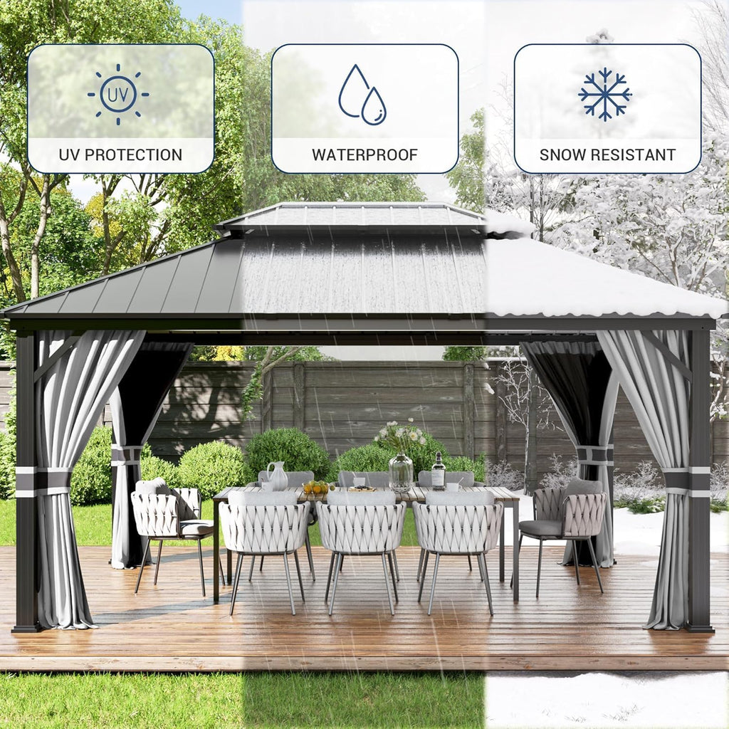Amopatio 3.65 x 4.85 m Gartenpavillon Wasserdicht Stabil Winterfest Hardtop Pavillon, Verzinkter Stahl Doppeldach Aluminium Pavillon mit Moskitonetz und Vorhänge für Garten, Terrasse, Rasen, Grau