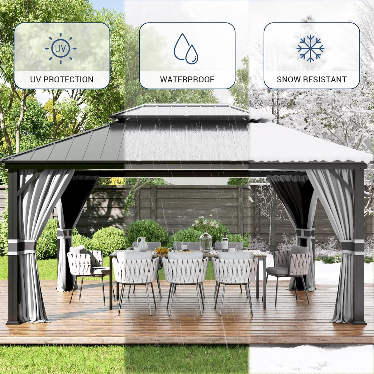 Amopatio 3.65 x 4.85 m Gartenpavillon Wasserdicht Stabil Winterfest Hardtop Pavillon, Verzinkter Stahl Doppeldach Aluminium Pavillon mit Moskitonetz und Vorhänge für Garten, Terrasse, Rasen, Grau