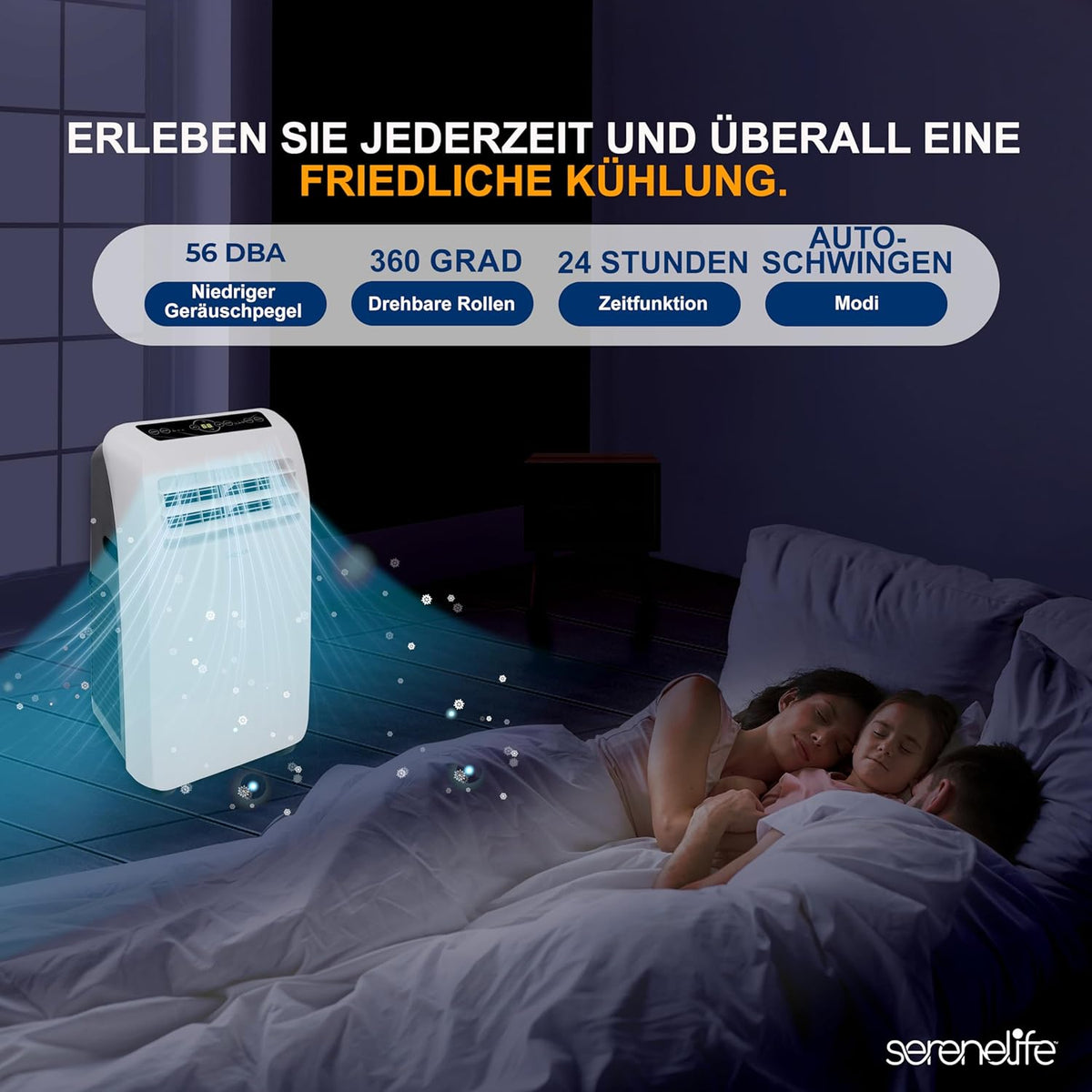 SereneLife Mini Klimaanlage mobil, 3-in-1 mobiles Klimagerät mit Abluftschlauch – Luftkühler, Luftentfeuchter & Ventilator, Air conditioner – 9.000 BTU, 1,5L Feuchtigkeit/Stunde, kühlt Räume bis 42 m2