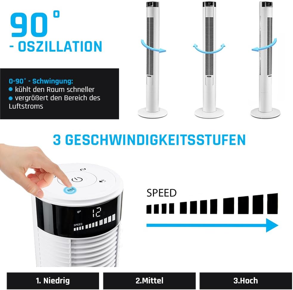 YOER Spiro TF03W, 45W, Ionisator, 4 Gebläsemodi, 90° Oszillation, 10m Reichweite, 12-Stunden-Timer, Leiser Betrieb, 3 Geschwindigkeitsstufen