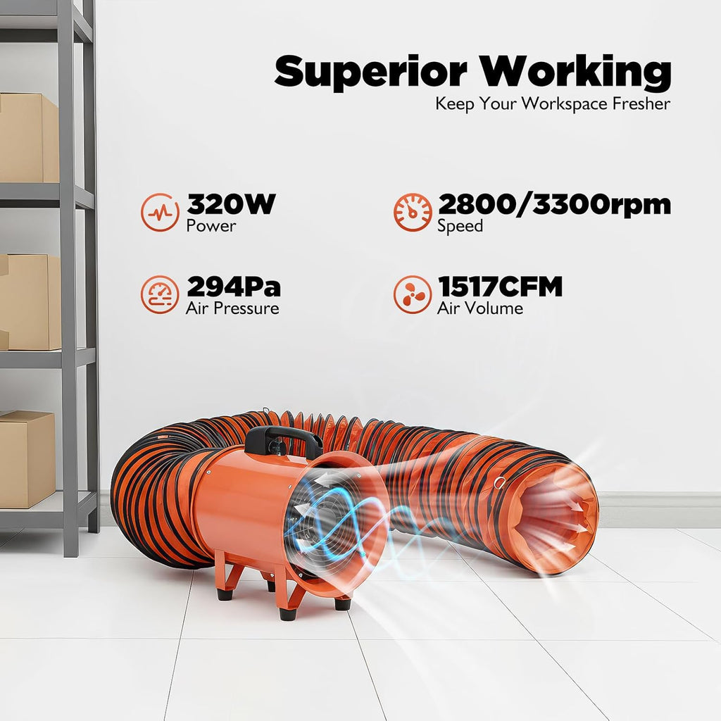 Gebläse mit 10m Kanalschlauch, 250mm Tragbarer Industrieventilator, 220V 320W Axialgebläse, IP44 Freistehender Baulüfter für Baustelle und Werkstatt
