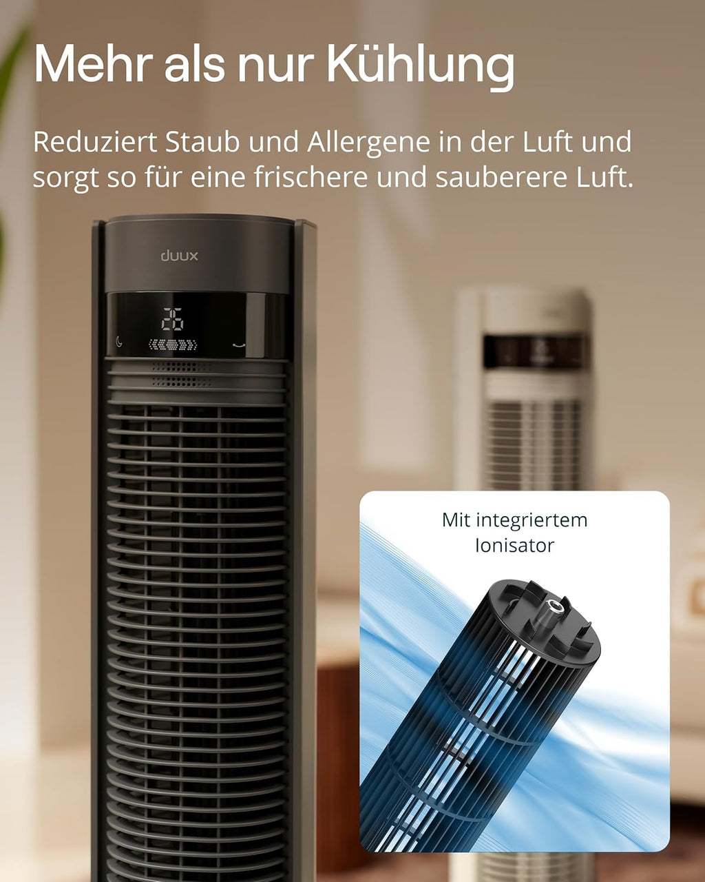 Duux Elevate Turmventilator – 12 Geschwindigkeiten, 80° Oszillation, Nur 25 dB, Ionisator, Timer (1–12h), Schlafmodus, Touch & Fernbedienung – Leiser & Smart Ventilator für Schlafzimmer/Büro - Grau