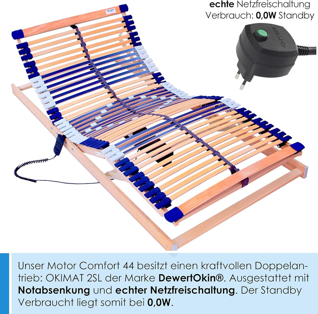 elektrischer Lattenrost 100% BUCHE - Kopf- u. Fußteil elektrisch verstellbar - SCHULTERFRÄSUNG, 7 Zonen, 44 Federleisten, Härteregulierung, Mittelgurt - Motor Comfort 44® - fertig montiert (90x200)