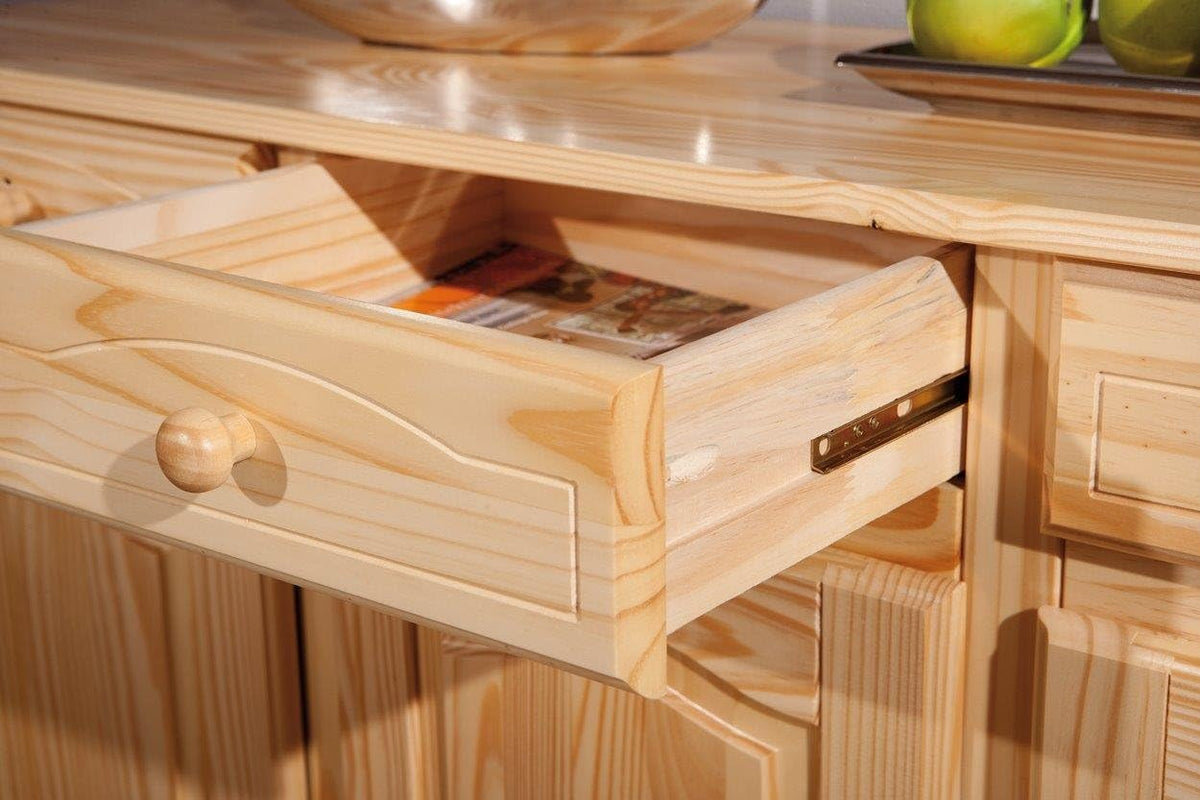 Inter Link – Landhausstil Kommode – Sideboard – Sideboard Buffet – Landhausstil – Beistellschrank - Kiefer massiv – 3 Türen – 3 Schubladen – Natur lackiert - Abaco, Naturbelassen