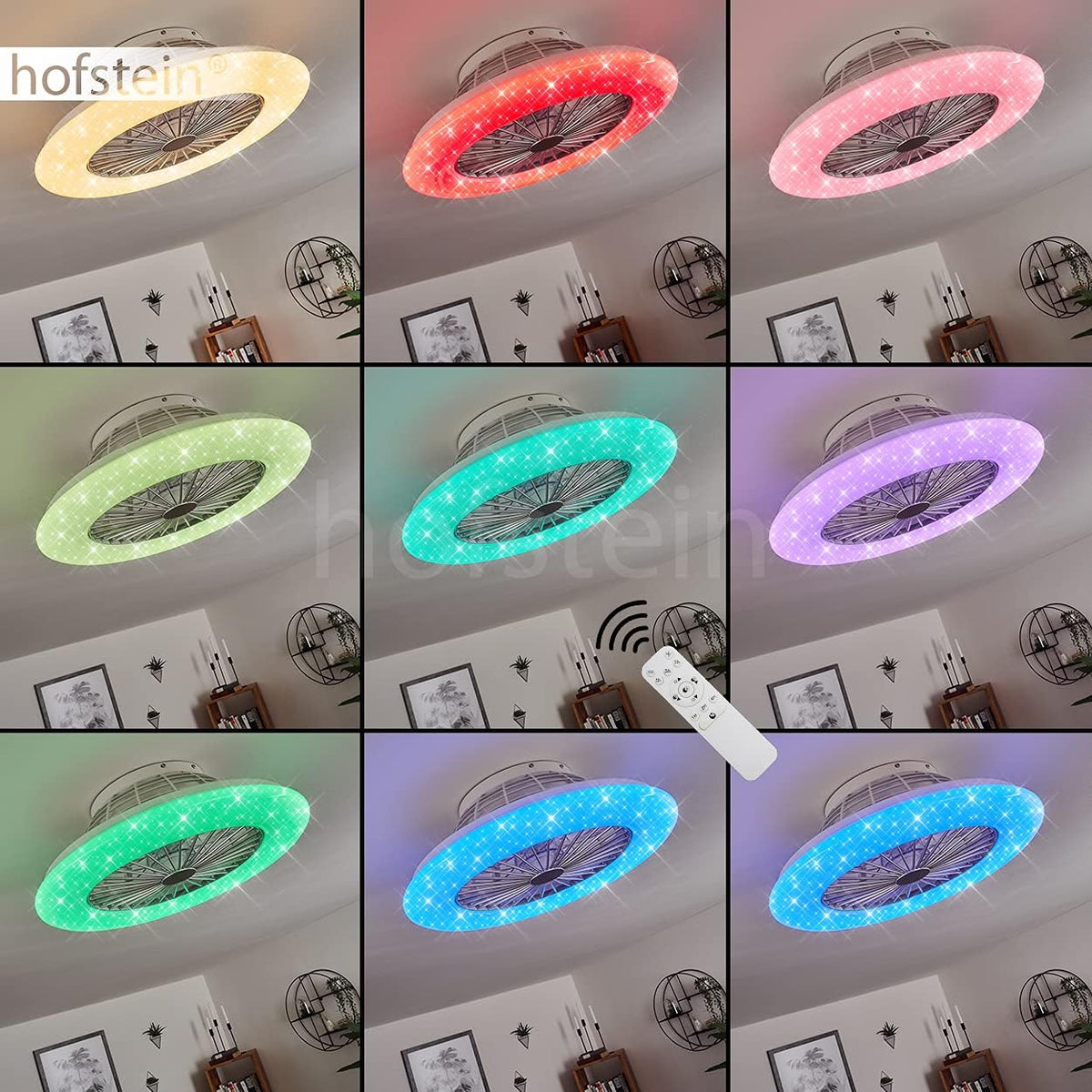 LED Deckenventilator Piraeus, Deckenlampe mit Ventilator aus Metall und Kunststoff in Weiß, RGB Farbwechsler, über Fernbedienung dimmbar, Timer und Nachtlicht, 40 Watt, 2200 Lumen, 3000-6500 Kelvin