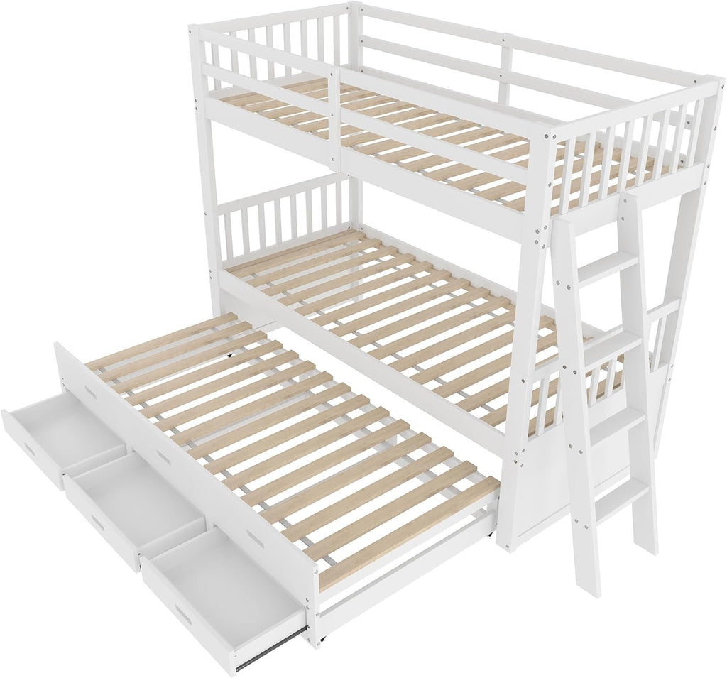 Etagenbett Kinderbett 90x200 cm mit Stauraum, Hochbett mit Leiter und Rollbett, Jugendbett Bettgestell mit 3 Schubladen, Holzbett Bett mit Rausfallschutz und Lattenrost, Ohne Matratze (Weiß)