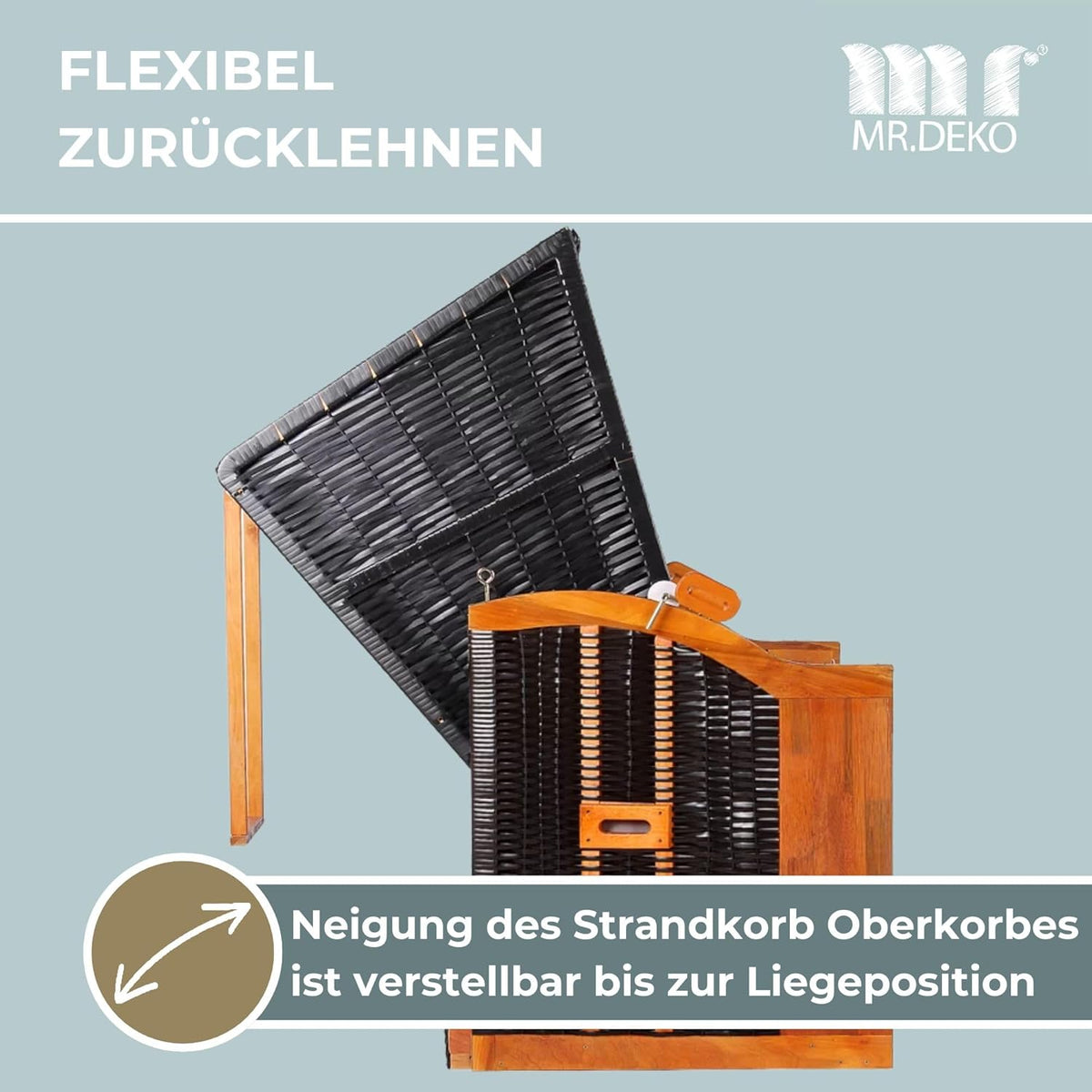 Strandkorb Ostsee Wacholder PE Schwarz | 2 Sitzer wetterfest | Volllieger Hartholz Zweisitzer | Roofed Wicker Beach Chair Garten | Strandkörbe Balkon | Strandstuhl (Dessin Grau Kariert)