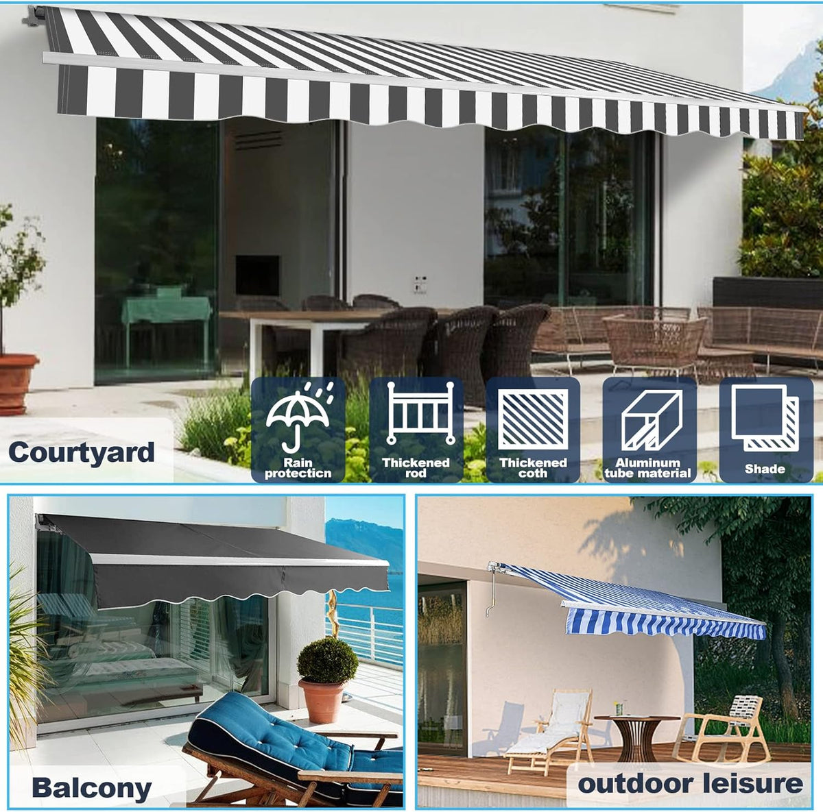 manuelle Gelenkarmmarkise 350 x 300 cm Markise Sonnenmarkise Sonnenschutz mit Kurbel, Anti-UV und wasserfest, Alu/Polyester für Balkon, Terrasse, Garten, Grau