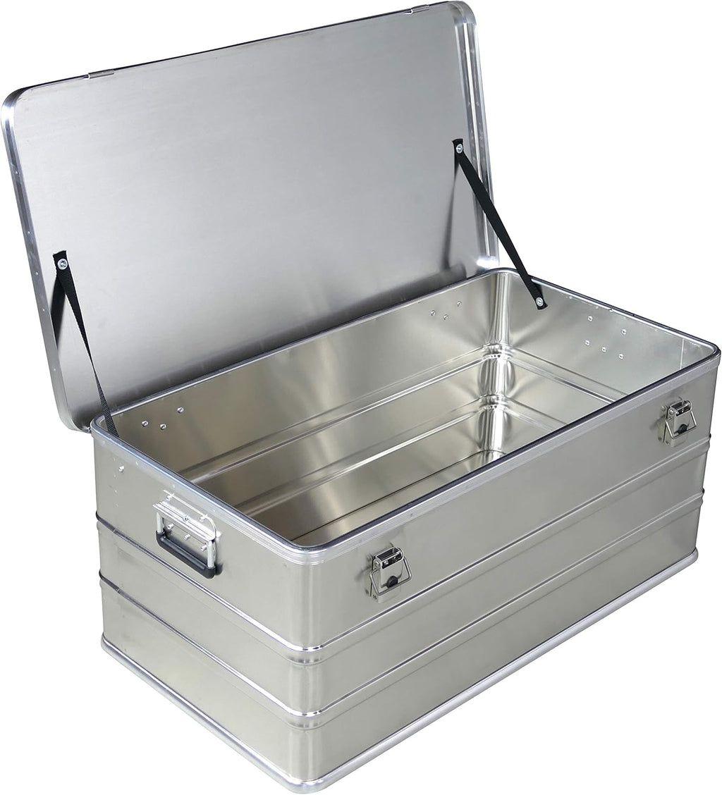Aluminiumbox Alubox 140l Fassungsvermögen - Werkzeugkiste Staub- und Spritzwassergeschützt - Deichselbox Metallkiste Gartentruhe Alukiste Alu transportbox Werkzeugbox Aluminium Koffer