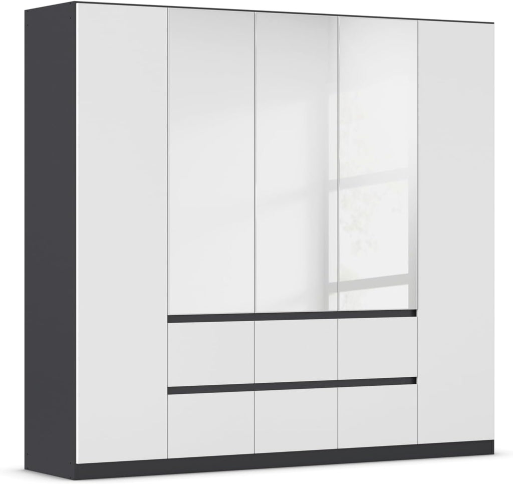 Rauch Möbel Mainz Schrank Kleiderschrank Drehtürenschrank Weiß-Grau metallic, Schwarz, 5-türig Spiegel, 6 Schubladen, Zubehörpaket Basic 3 Einlegeböden, 3 Kleiderstangen, grifflos BxHxT 226x210x54 cm