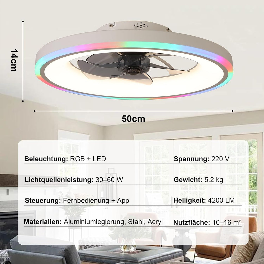 60CM Deckenventilator mit Beleuchtung, RGB Deckenventilator mit Licht und Fernbedienung, Leise Deckenlampe mit Ventilator, 6 Geschwindigkeiten, Dimmbare, Timer, für Schlafzimmer, Weiß