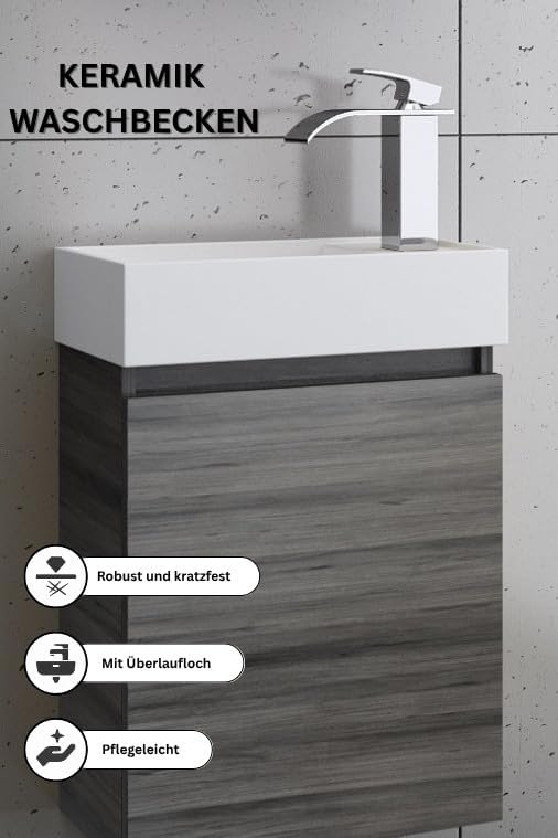 Faizee Home Badmöbel Set Grau – Waschbeckenunterschrank mit Keramik Waschbecken & Armatur – Kompakter Badezimmerschrank Badschrank ohne Spiegel für Gäste WC & kleine Bäder