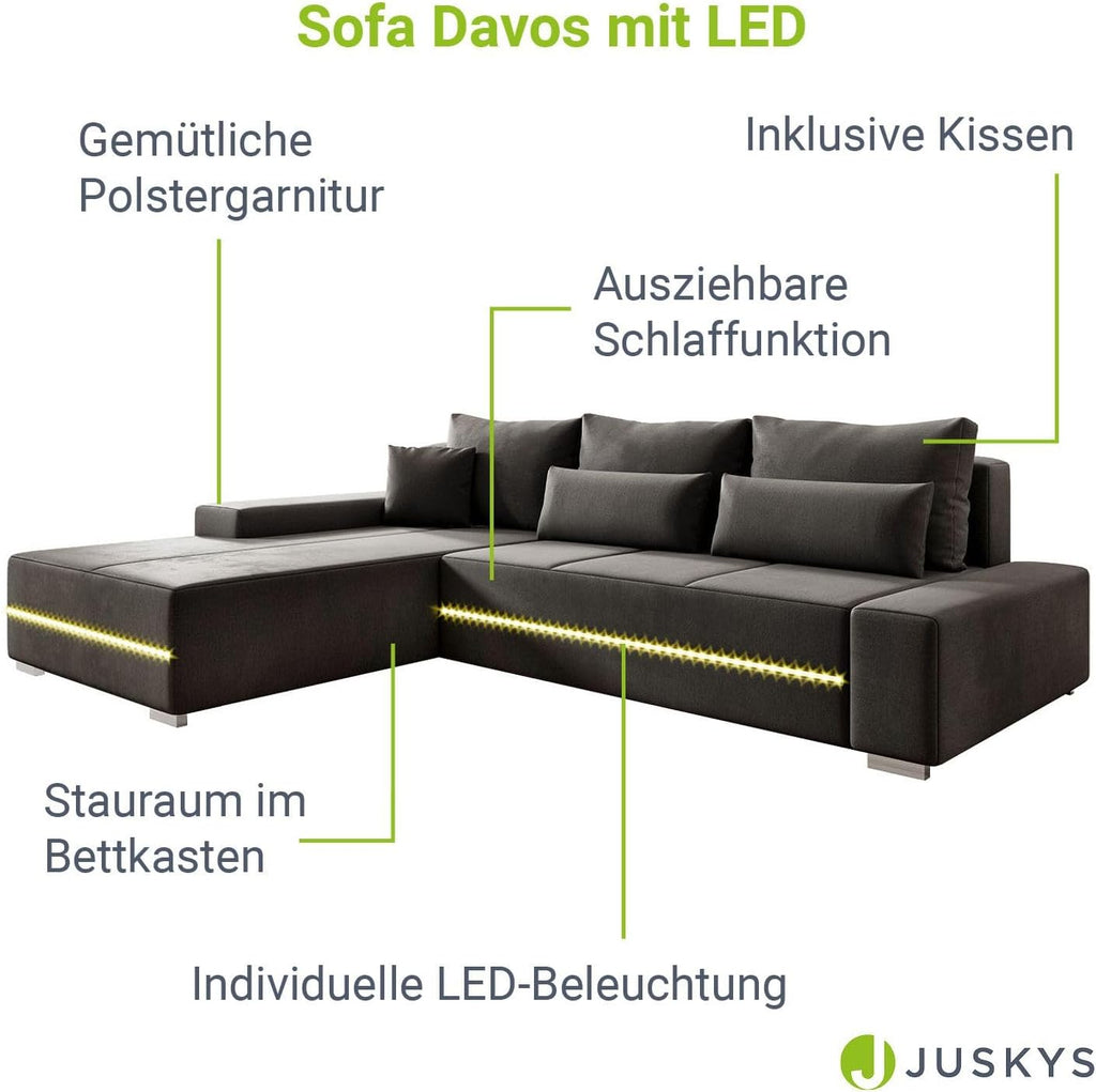 Juskys Sofa Davos Links mit Schlaffunktion - Ecksofa für Wohnzimmer mit Bettkasten & LED - Stoff Schlafsofa L Form Couch Beleuchtung - Dunkelgrau