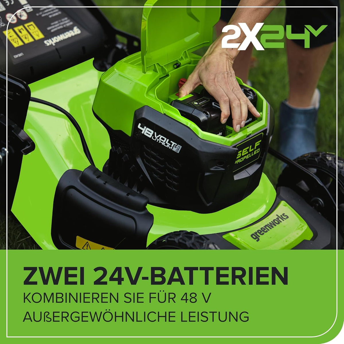 Greenworks Selbstfahrender Akku Rasenmäher 48V (24V x 2) bis zu 480m2, 46cm Schnittbreite, 55L Sack Rasenmäher Elektro Plus Zwei 4Ah-Akkus und Doppelladegerät,3 Jahre Garantie,GD24X2LM46SPK4X