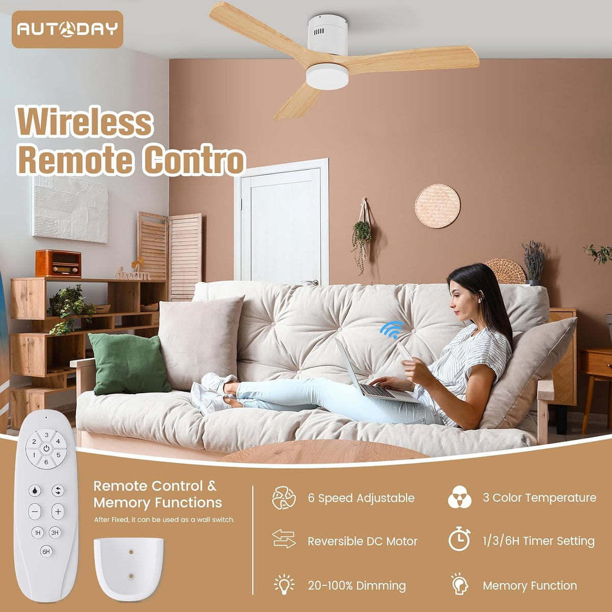 Holz Deckenventilator mit Beleuchtung dimmbarem LED 24W Leiser DC-Motor 38W 132 cm hölzern Deckenventilator mit licht Fernbedienung mit Memory-Funktion 6 Geschwindigkeiten 1/3/6H Timer