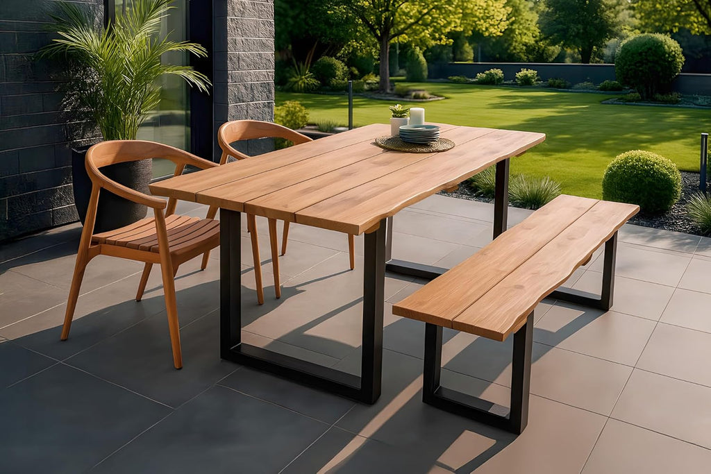SAM Gartentisch Bogota | 180 x 90 cm | Teakholz massiv | echte Baumkante | U-Gestell Metall Schwarz | Outdoor-Esstisch & Unikat für Garten & Terrasse