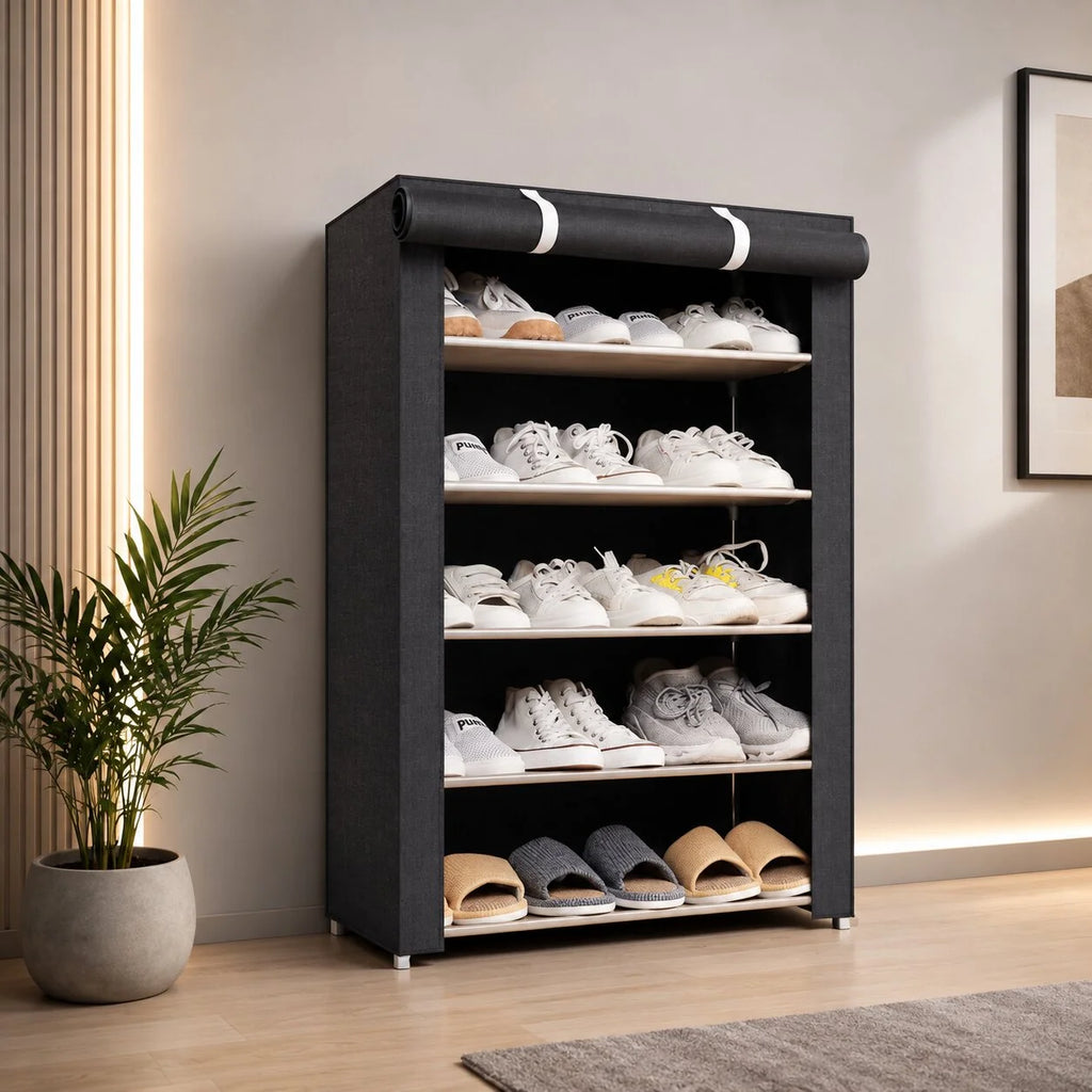 Freistehender Schuhschrank mit Stoffbezug | Schuhvitrine