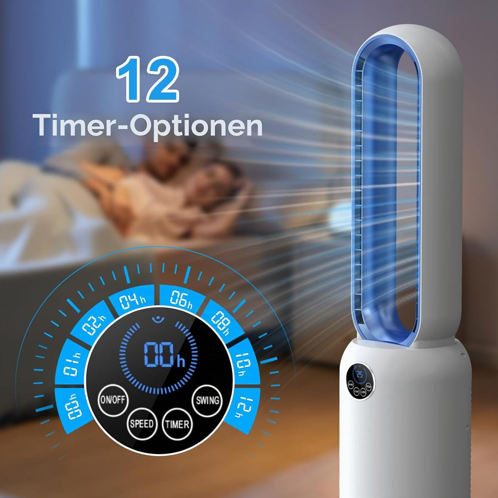 Turmventilator ohne Flügel 88cm – geräuschloser Standventilator mit 55W Motor, LED-Touchscreen & Fernbedienung, 12-Stunden-Timer, 90° oszillierend für Schlafzimmer & Büro (blau)