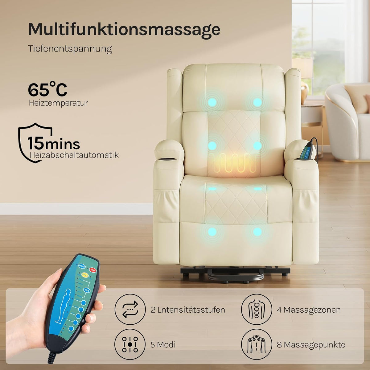 WOLTU Massagesessel, elektrisch verstellbar, mit Liegefunktion Aufstehhilfe, Massage Heizung Fußstütze Seitentaschen Becherhaltern USB-Port, Kunstleder, Beige