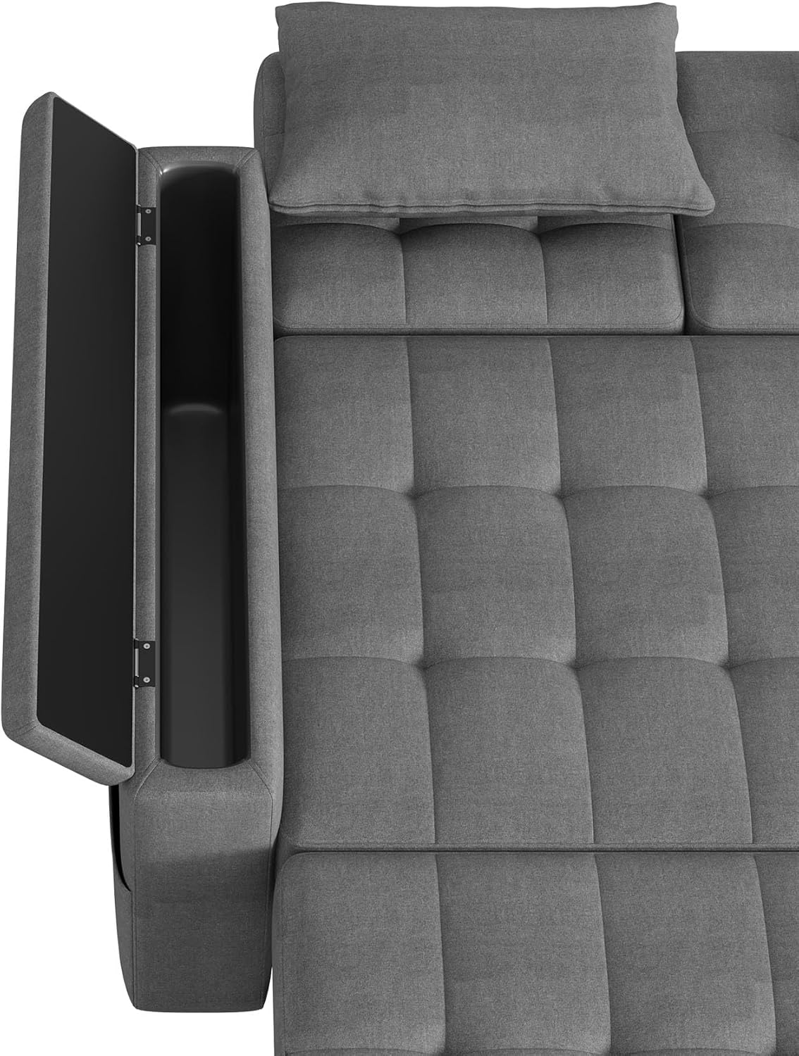 2-Sitzer Schlafsofa mit Stauraum und Verstellbarer Rückenlehne, Sofa mit Armlehnen-Staufächern und Kissen, Vielseitiges Klappsofa für Wohnzimmer, Schlafzimmer oder Wohnung (Grau)
