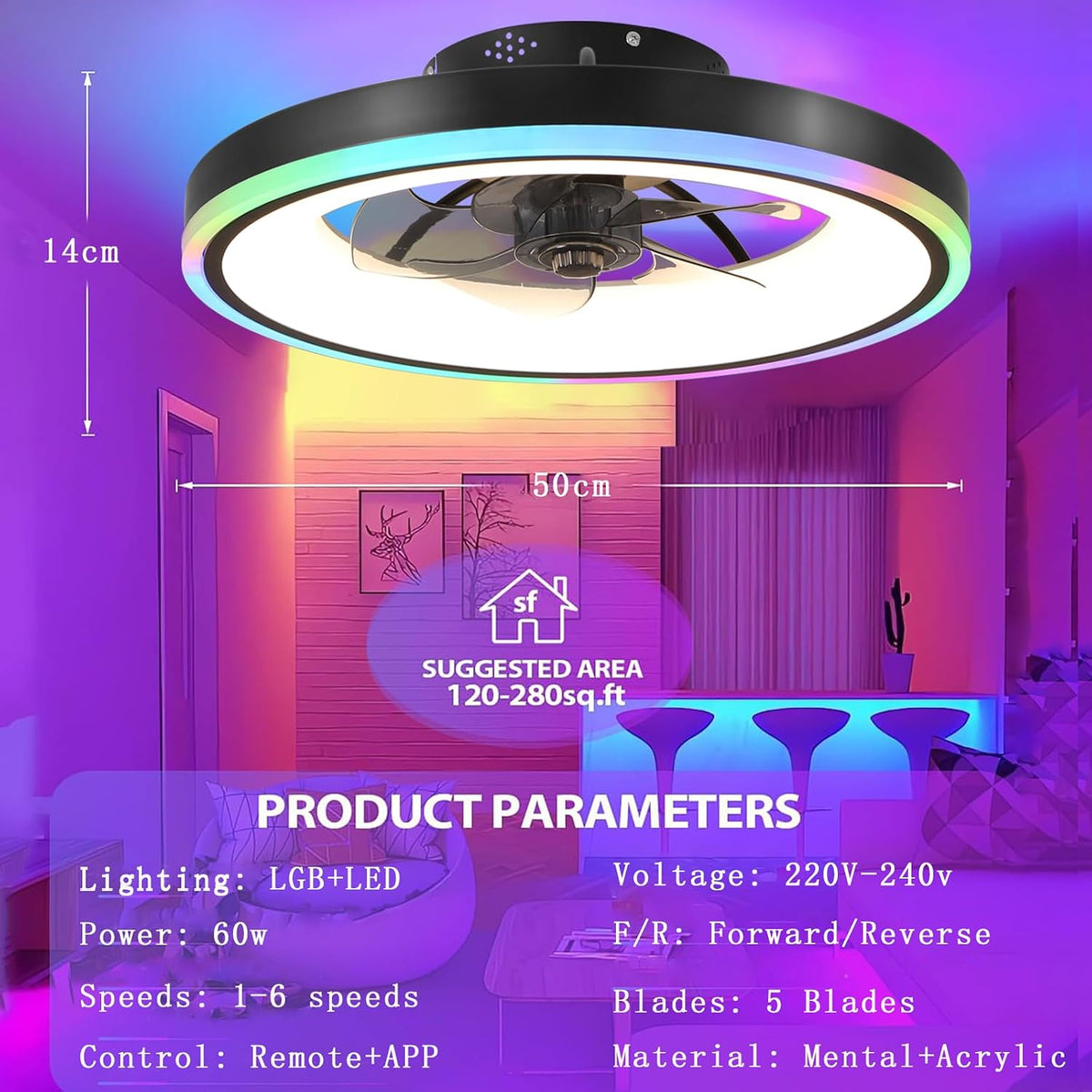 RGB Deckenventilator mit Beleuchtung, Leise Deckenlampe mit Ventilator mit Fernbedienung und APP, 6 Gang, 60W LED Deckenventilator mit Licht Dimmbar für Schlafzimmer, Wohnzimmer, 3000-6500k, 50cm