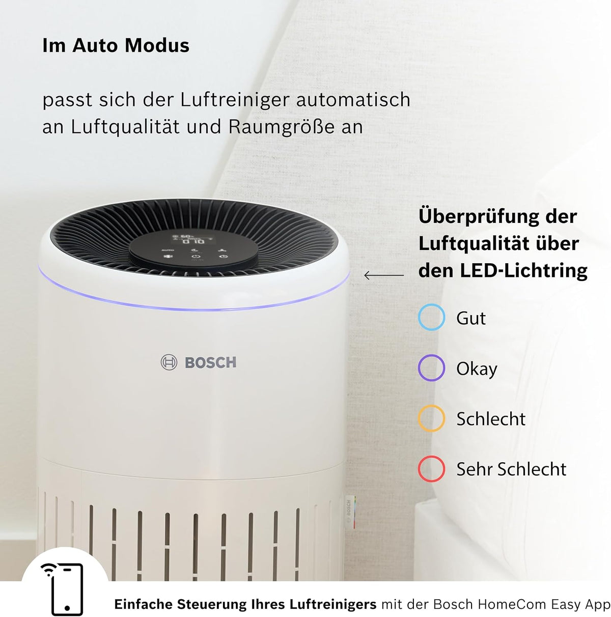 Bosch Air 4000i App-gesteuerter Luftreiniger - Für Räume bis zu 62,5 m² - Entfernt Schadstoffe - Mit 3-in-1 Luftfilter, Smart Sensor, Automatikmodus, Ruhemodus (< 25 dB(A)) - CADR: 300 m³/h
