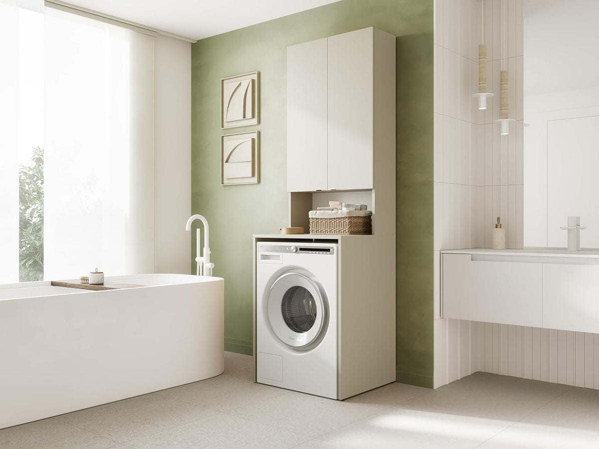 PLATAN ROOM Waschmaschinenschrank Badezimmer Hochschrank Überbauschrank für Waschmaschine und Wäschetrockner 210 x 65 x 50/56 cm weiß (Kaschmir (beige), 56 cm tief)