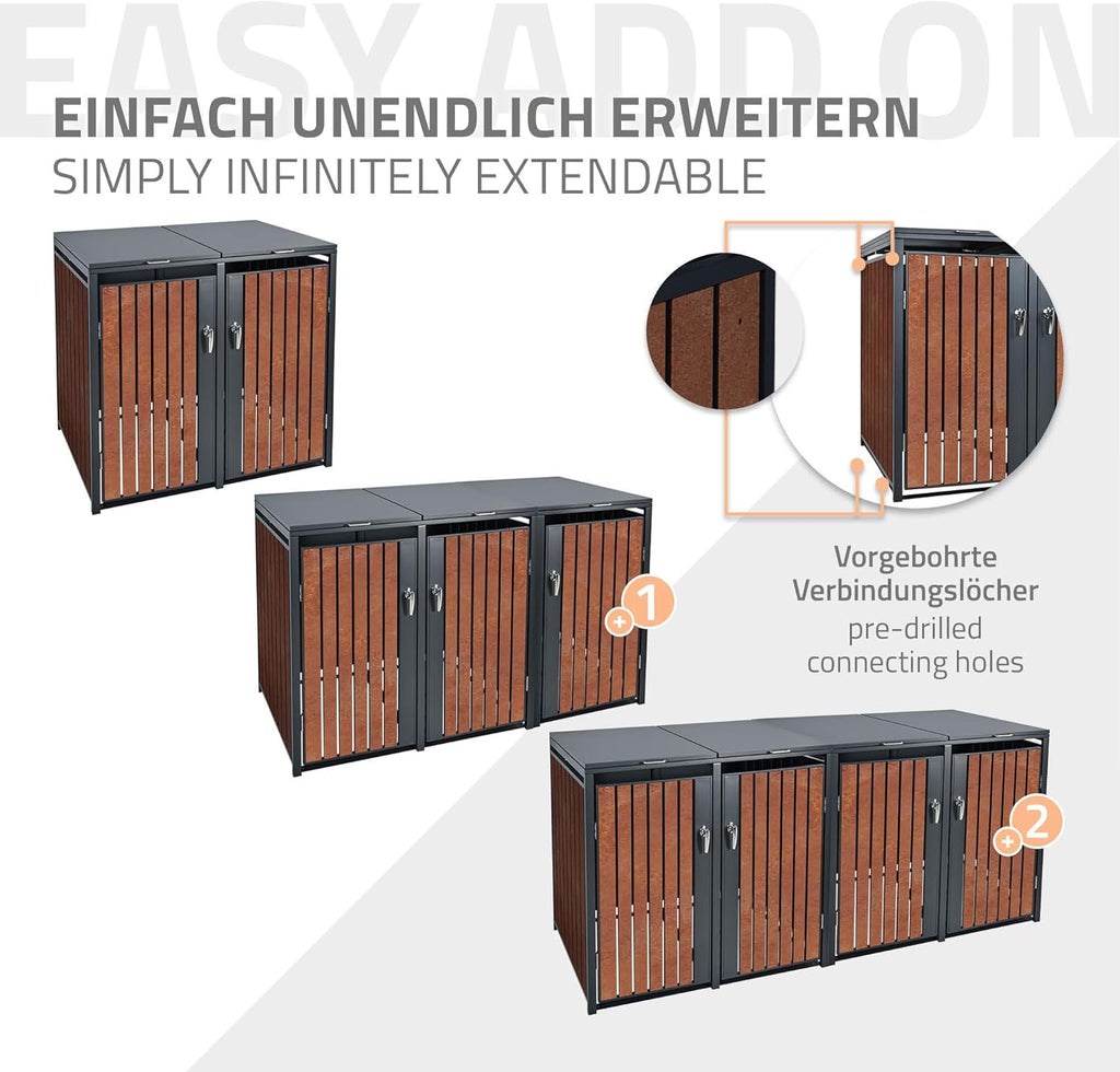 ML-Design Mülltonnenbox 3er 3 Tonnen 240L 200x80x116,3cm Anthrazit-Rostoptik, Stahl/Cortenstahl, Abschließbare Mülltonnenverkleidung Klappdeckel/3 Türen, Müllbox Mülltonnecontainer Mülltonnenabdeckung