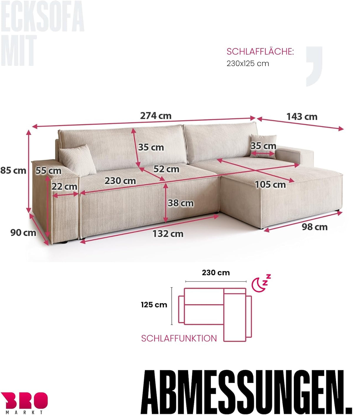 BROMARKT Sofa mit Schlaffunktion Couch L Cordstoff Sofa Bettkasten Schlafsofa für Wohnzimmer Ecksofa freistehend Adi XL Relaxsofa 3 sitzer 272x143x85 cm Vanilla