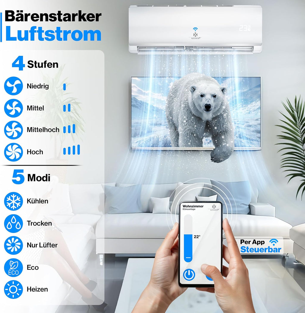 KESSER® Klimaanlage Set Split, WiFi/App Funktion Klimagerät, Kühlen A++/Heizen A+, 18000 BTU/h (5.300W) sehr leise, Kältemittel R32, Fernbedienung, Timerfunktion, Montagematerial, Weiß