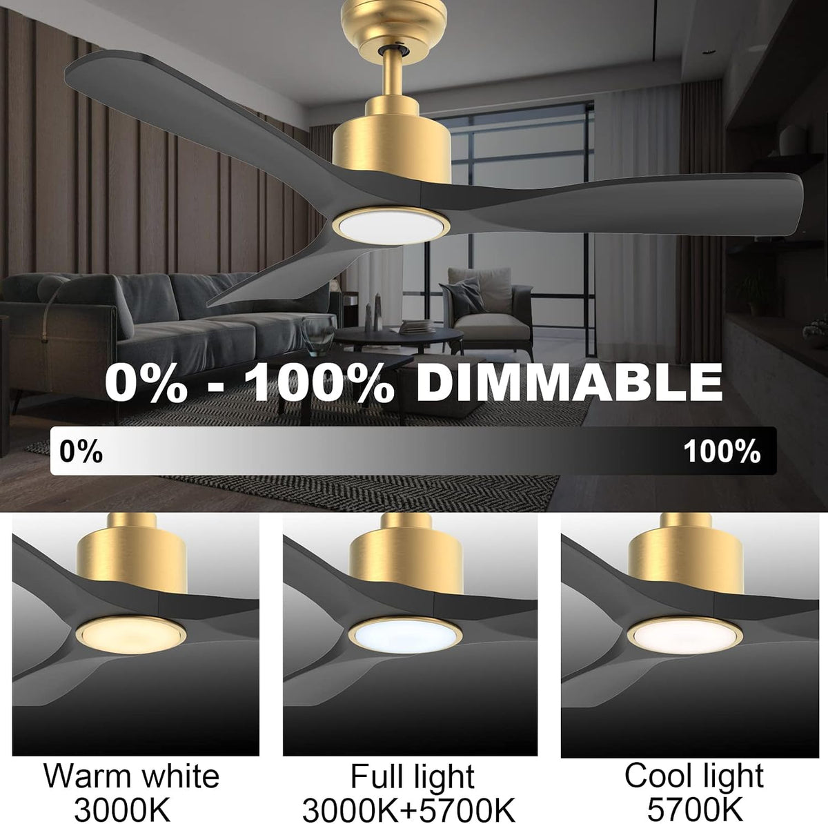 OFANTOP 132 cm elegantes Schwarz-Gold-Deckenlicht mit Lüfter, Alexa-kompatibel, Fernbedienung für Helligkeit und Farbtemperatur, leiser DC-Motor für Wohnzimmer und Küche