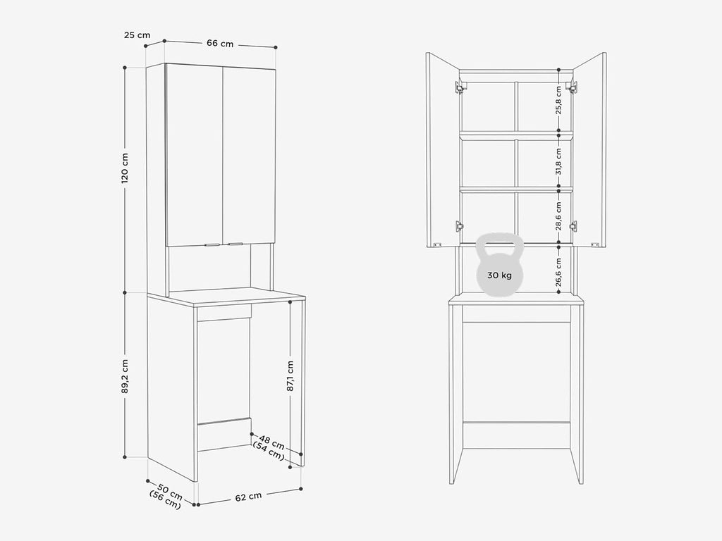 PLATAN ROOM Waschmaschinenschrank Badezimmer Hochschrank Überbauschrank für Waschmaschine und Wäschetrockner 210 x 65 x 50/56 cm weiß (Kaschmir (beige), 56 cm tief)