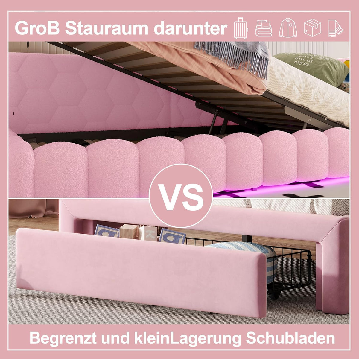 Schlafsofa Polsterbett 90x200 cm, Tagesbett mit USB-Anschluss und -Typ-C, Daybett mit 16 Farben Umgebungslicht, Sofabett mit Hydraulischer Stauraum, Lattenrost, Vliesimitat, Ohne Matratze, Rosa