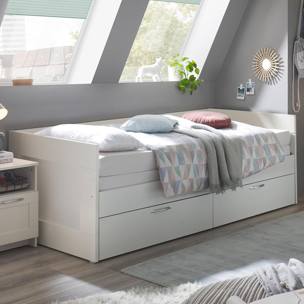 SALIAS Funktionsbett 90 x 200 cm mit ausziehbarer Liegefläche - Platzsparendes Jugendzimmer Einzelbett mit Bettkasten in Weiß - 205 x 68 x 97 cm (B/H/T)