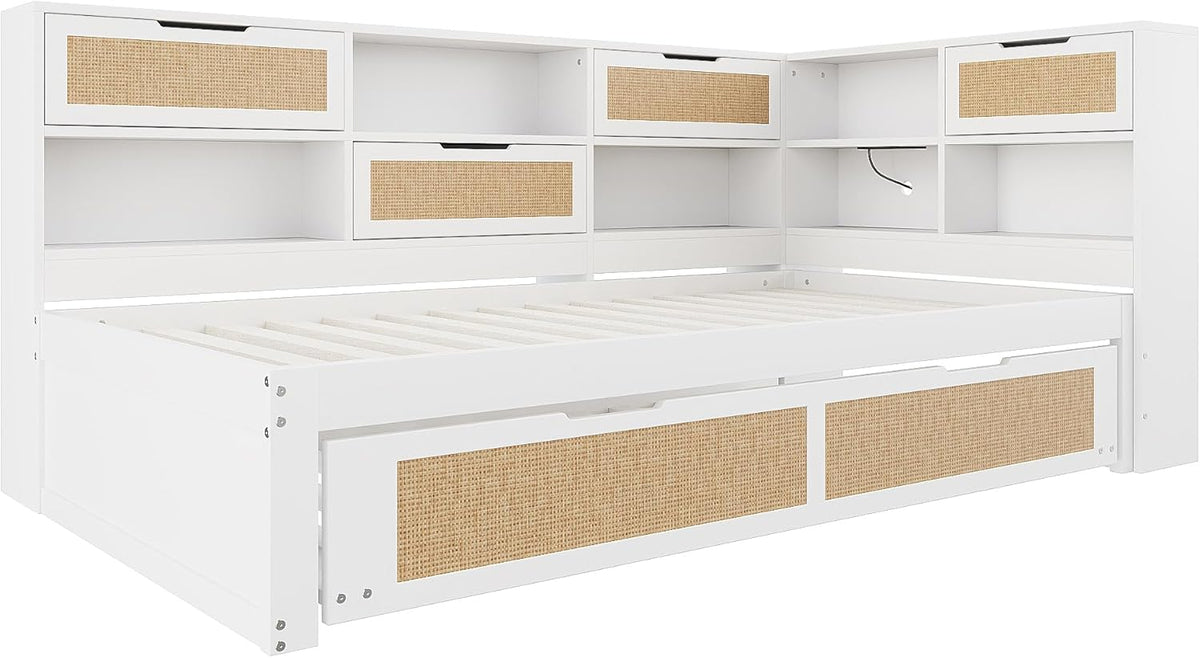 Tagesbett Schlafsofa 90x200, Holz Multifunktionsbett mit Ausziehbett 90x190 cm, USB-Steckdose und vielen Staufächern, Einzelbett Massivholzbett Kinderbett Daybett mit Lattenrost, Ohne Matratze, Weiß