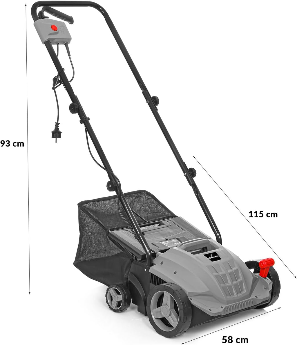 LEHMANN Elektro-Vertikutierer & Rasenlüfter 2-in-1, 1500 W, Arbeitsbreite 32 cm, 4-stufige Arbeitstiefeneinstellung, Rasenvertikutierer mit 30 L Fangkorb, kugelgelagerte Messer- & Lüfterwalze, Grau