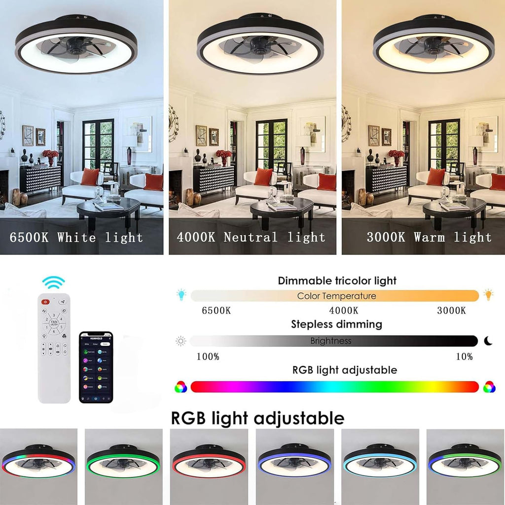 RGB Deckenventilator mit Beleuchtung, Leise Deckenlampe mit Ventilator mit Fernbedienung und APP, 6 Gang, 60W LED Deckenventilator mit Licht Dimmbar für Schlafzimmer, Wohnzimmer, 3000-6500k, 50cm