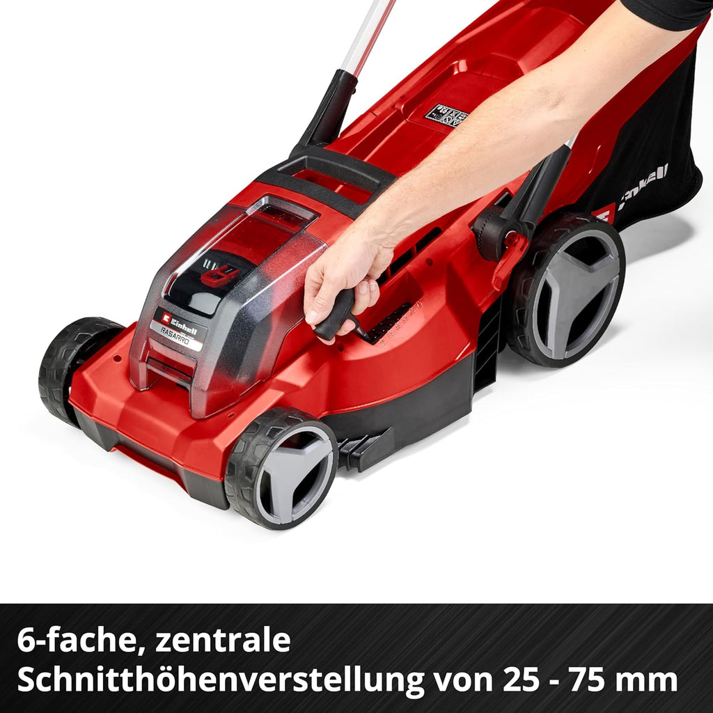 Einhell Akku-Rasenmäher RASARRO 36/36 Kit Power X-Change (36 V, 36 cm Schnittbreite, bis 400 m², 45L Fangkorb, 25-75 mm Schnitthöhe, inkl. 2 x 3,0 Ah Plus Akkus + 2X Ladegerät)