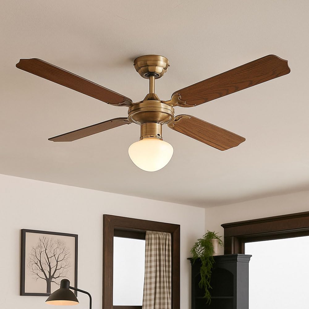 LED Deckenventilator mit Zugschalter Ventilatorlampe Decke 3 Stufen Ventilator Deckenleuchte, Vor-Rücklauf, Eiche Geflecht Glas Altmessing, 1x LED 9W 810Lm, D 106,6 cm