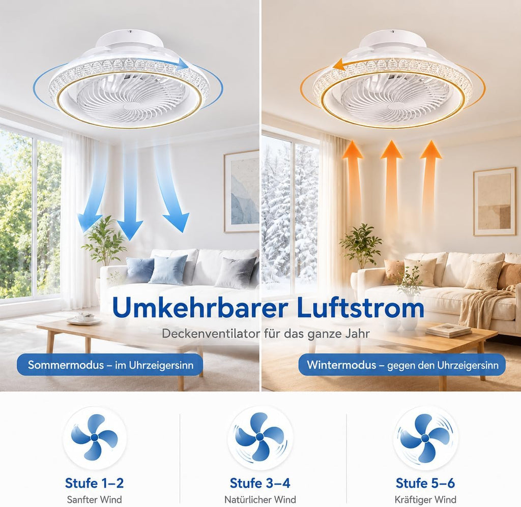 360° Drehbar Deckenventilator mit Beleuchtung 72W, Deckenventilator mit Licht Leise, Dimmbar mit Timer, Fernbedienung und App, Lampe mit Ventilator für Schlafzimmer und Wohnzimmer, Gold