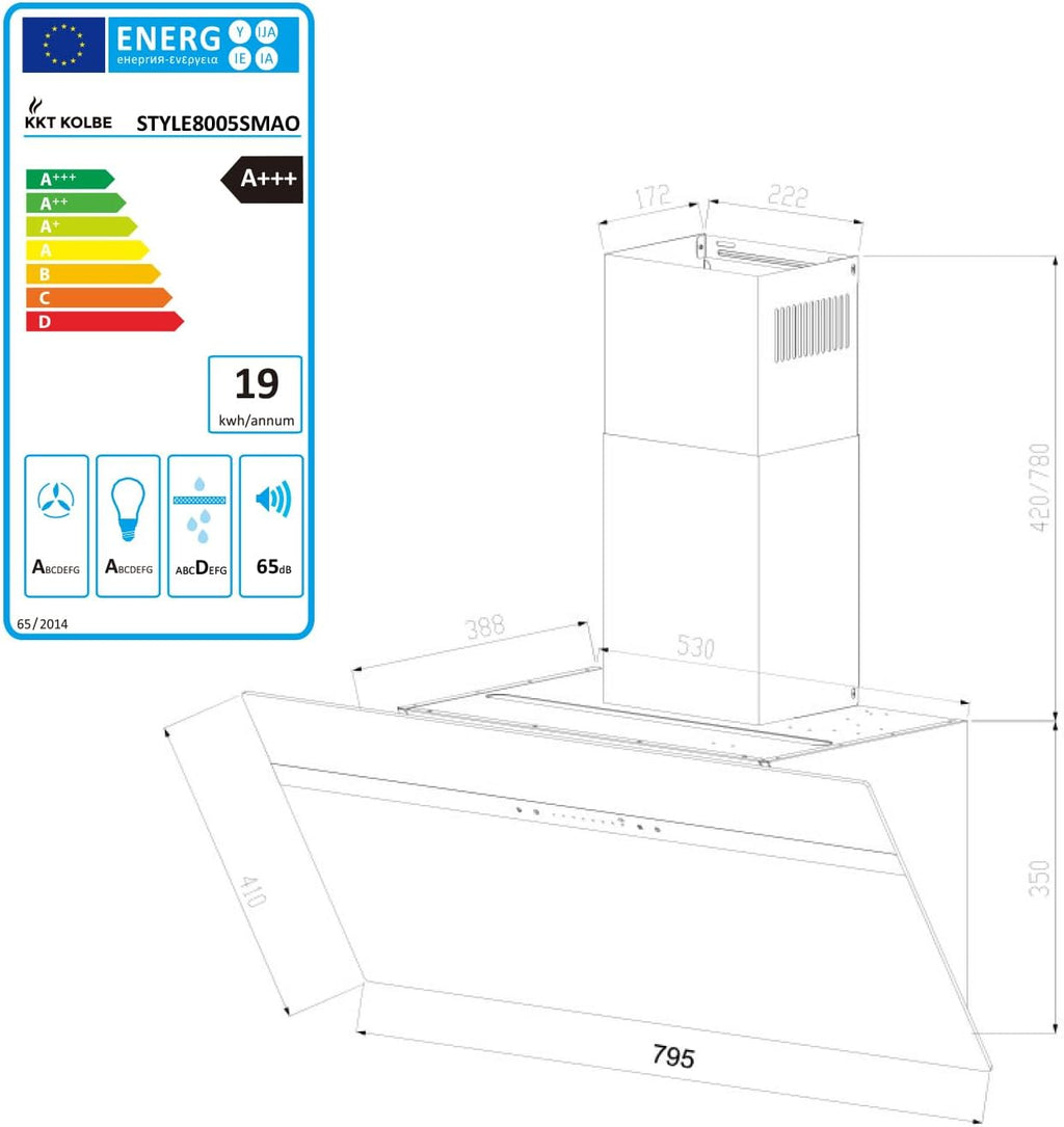 KKT KOLBE A+++ Dunstabzugshaube 80 cm 782 cbm/h Kopffreie Wandhaube Edelstahl schwarzes Glas WLAN RGBW-LED-Beleuchtung SensorTouch Bedienung STYLE8005SMAO
