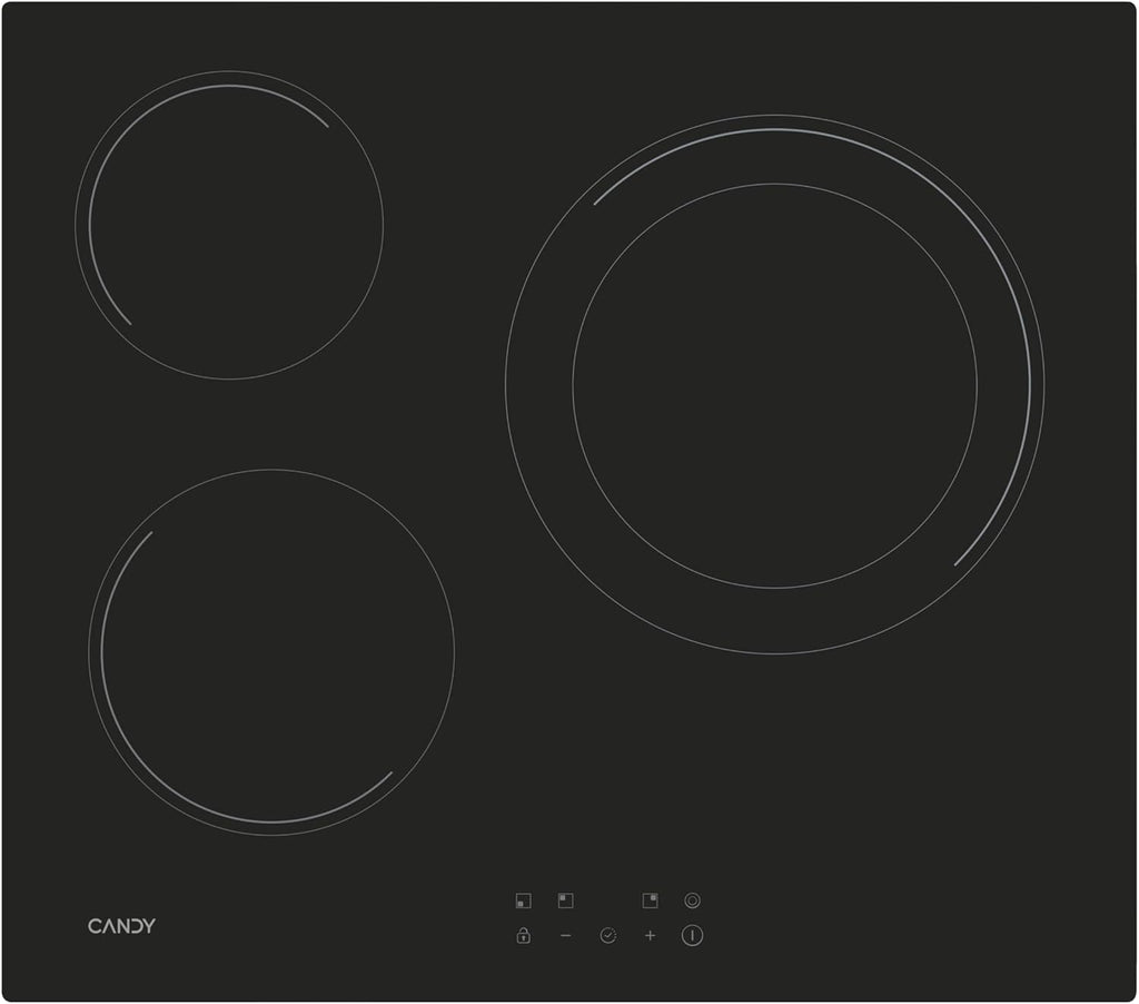 Candy CH63DCC Hob Ceramic Hob 60 cm, 3 Cooking Zones, Double 30 cm Paella Pan, Touch Control, 9 Power Levels, Safety System, Black