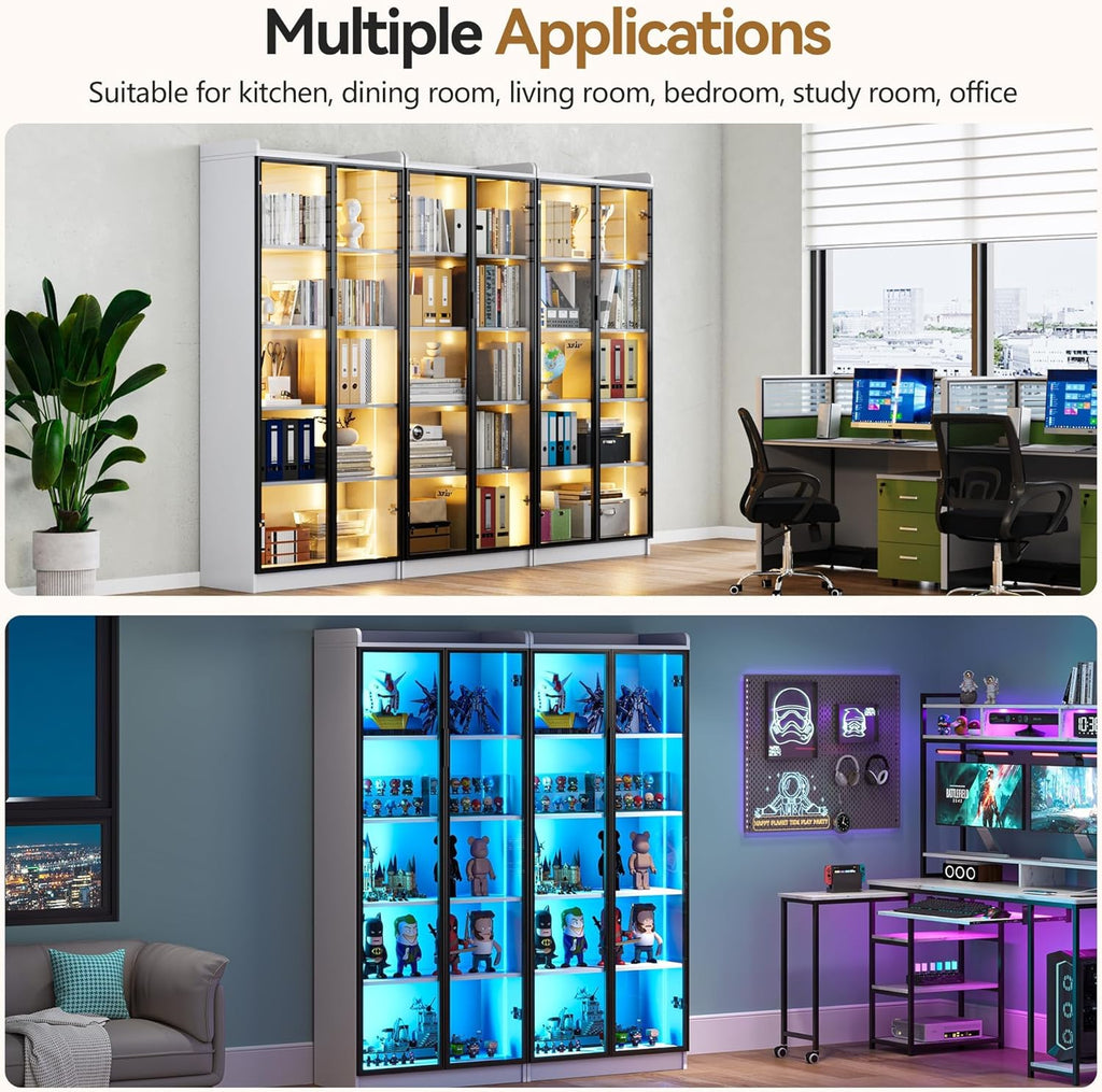 Gurexl Vitrine mit LED Beleuchtung und Intelligente Sensorik für Kuriositäten,Vitrinenschrank mit 5 Höhenverstellbaren Böden und Acryltür für Wohnzimmer,Persönliches Büro,Studie,Schätze,Weiß